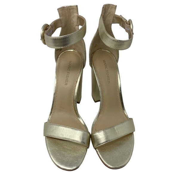 NEW Marc Fisher Magali Heel Size 7.5 M Suede Open Toe Shoe Ankle Strap Gold - Picture 2 of 8